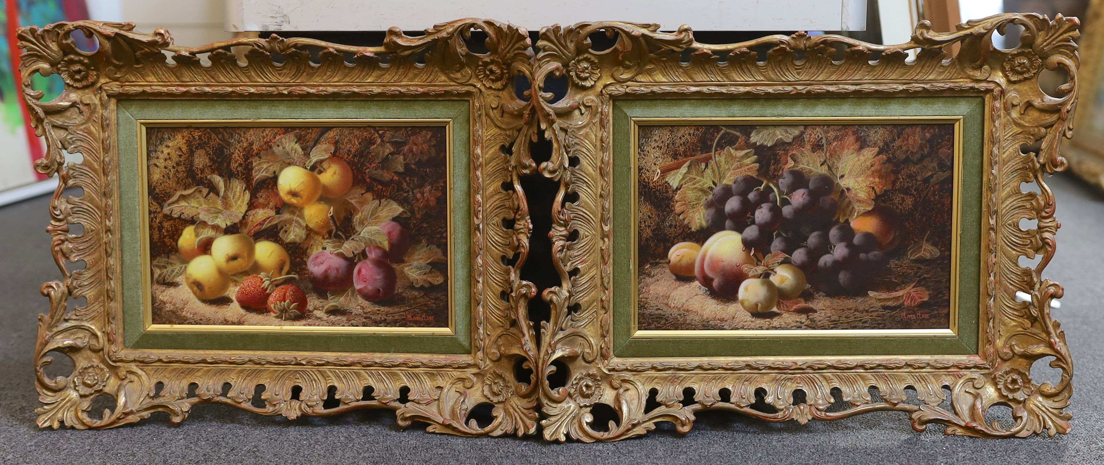 Oliver Clare (1853-1927), Still lifes of grapes, a peach and greengages and apples, plums and strawberries, oil on board, a pair, 19 x 29cm